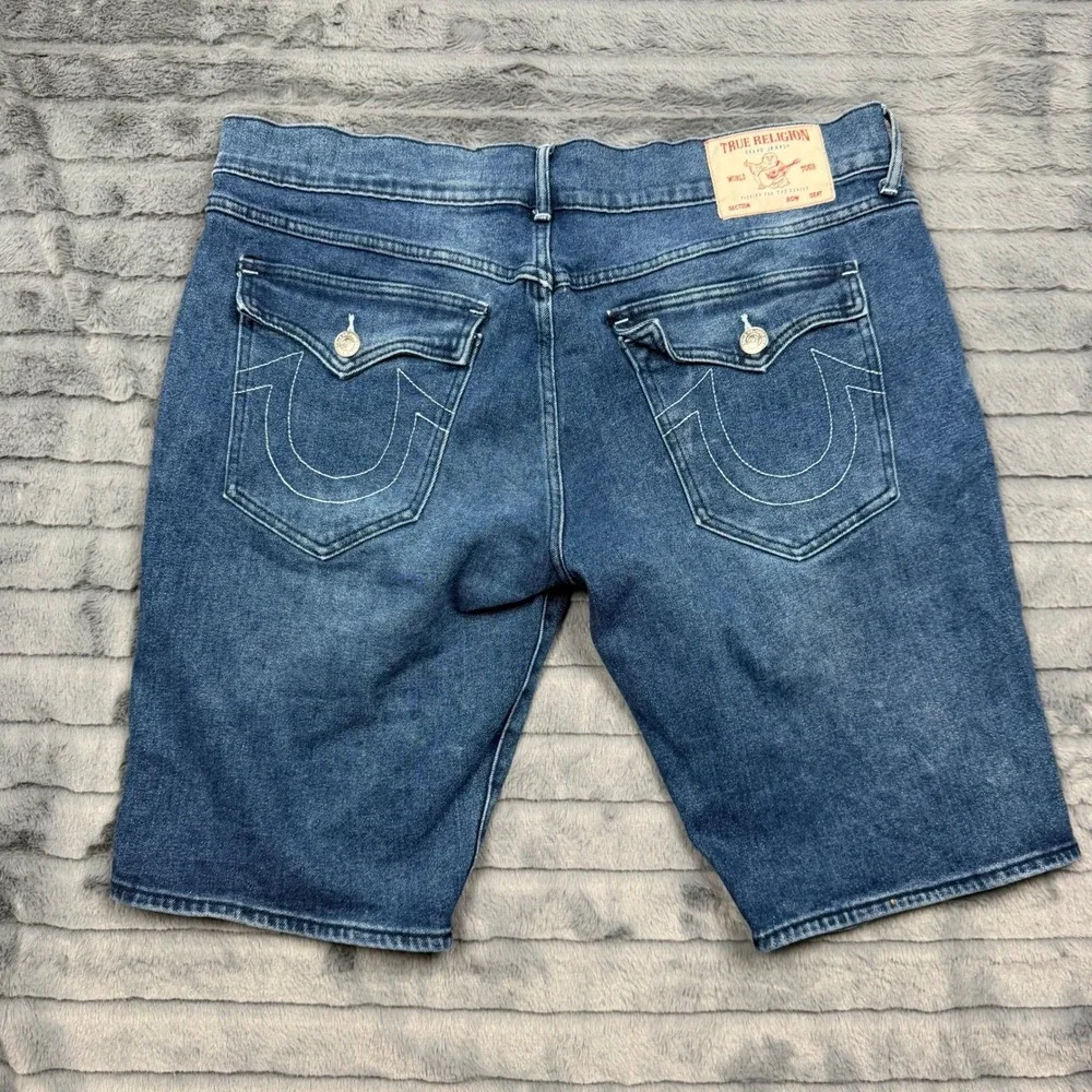 True Religion Ricky Relaxed Straight Denim Shorts Mens 38 Blue Flap Pocket